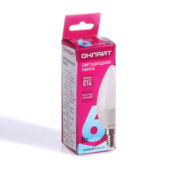 Лампа светодиодная ОНЛАЙТ, Е14, свеча C37, 6 Вт, 470 Лм, 4000 К, нейтральный белый
