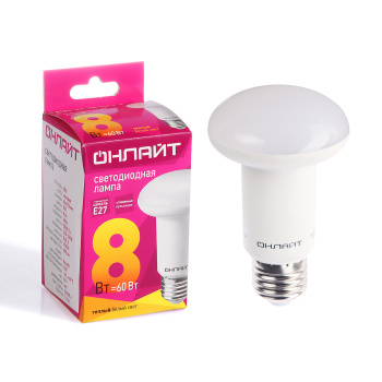 Лампа светодиодная ОНЛАЙТ, Е27, рефлектор R63, 8 Вт, 600 Лм, 2700 К, теплый белый
