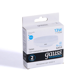 Лампа светодиодная Gauss, GX53, таблетка, 13 Вт, 950 Лм, 6500 К, холодный белый