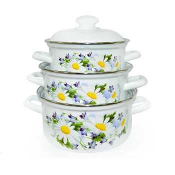 Набор кастрюль эмалированных: 1,5л+2,0л+3,0л рис. "Ромашковое поле" С-124АП2/4 "Лысьвенские ЭМАЛИ"*1