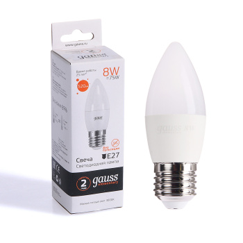 Лампа светодиодная Gauss Elementary, Е27, свеча, 8 Вт, 520 Лм, 3000 К, теплый белый