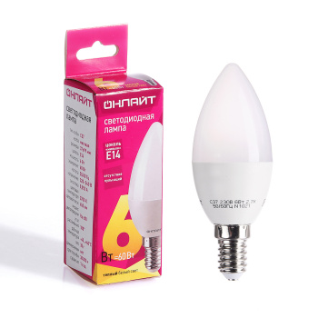 Лампа светодиодная ОНЛАЙТ, Е14, свеча C37, 6 Вт, 450 Лм, 2700 К, теплый белый