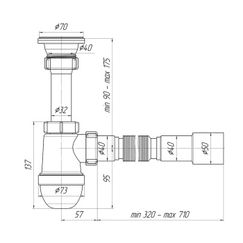 Сифон бутылочный 1 1/2"*40 с гибкой трубой 40x40/50 АНИ ГРОТ А0515 *1/25