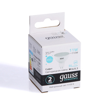 Лампа светодиодная Gauss Elementary, GU5.3, 11 Вт, 850 Лм, 4000 К, нейтральный белый